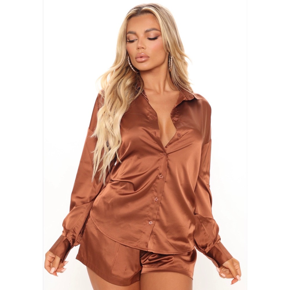 Fashion Nova Slip Through Satin Short Set Brown Oversized Button Down Medium